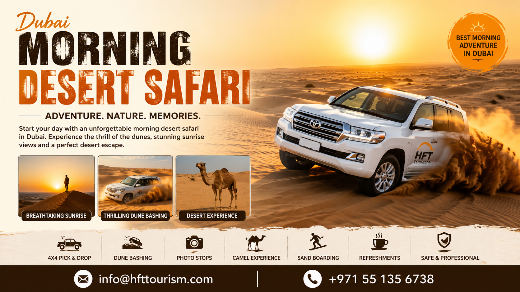 A traditional camel caravan trekking over golden dunes during a stunning morning desert safari sunrise in Dubai