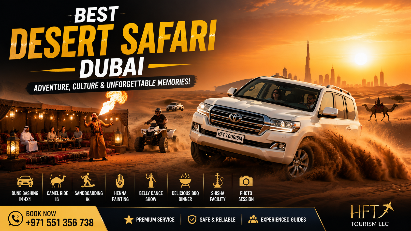 oyota Land Cruiser dune bashing during sunset on the best desert safari booking option managed by HFT Tourism LLC.