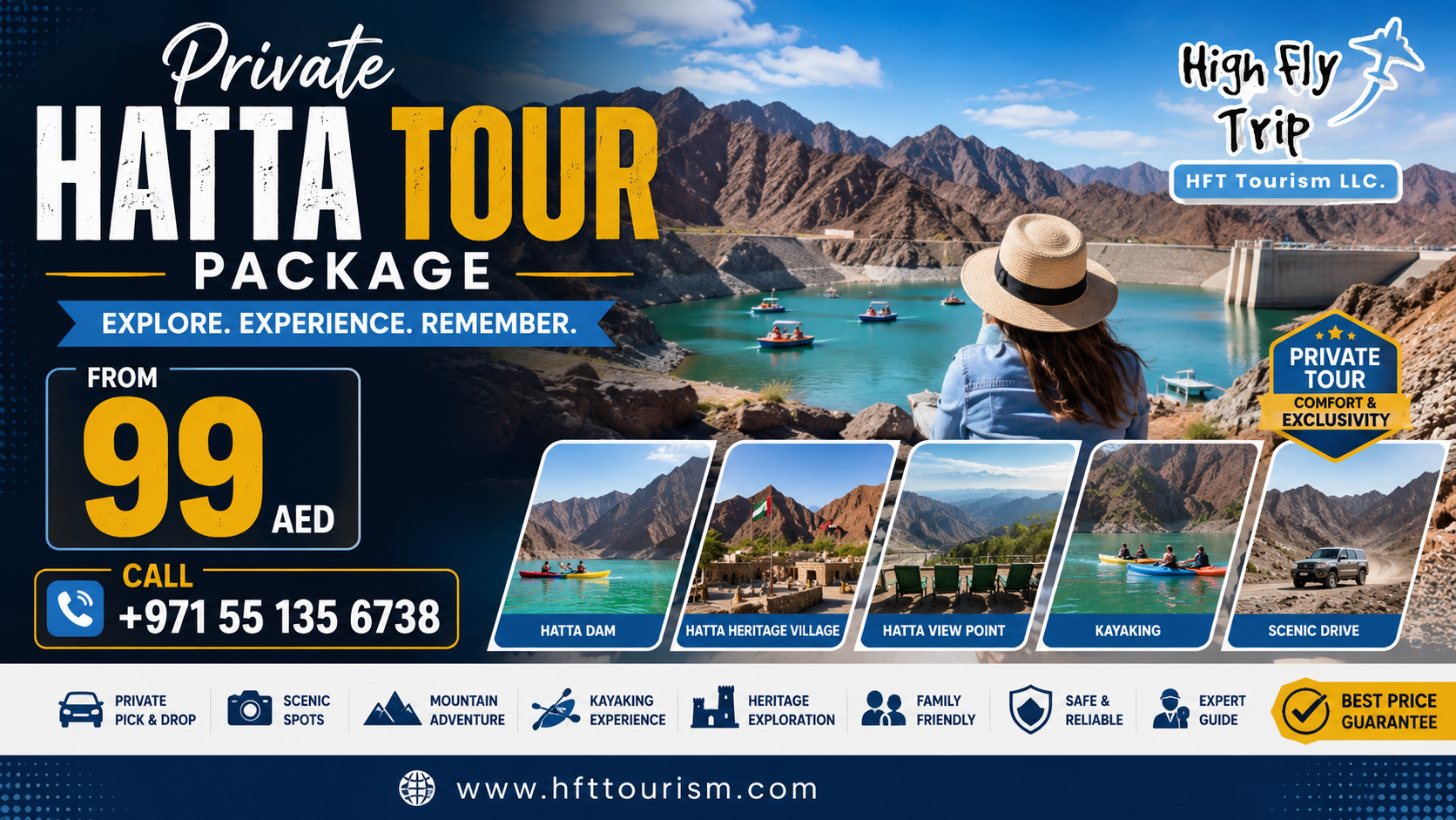 A luxury private 4x4 vehicle parked in front of the rugged mountains on a Private Hatta tour package.