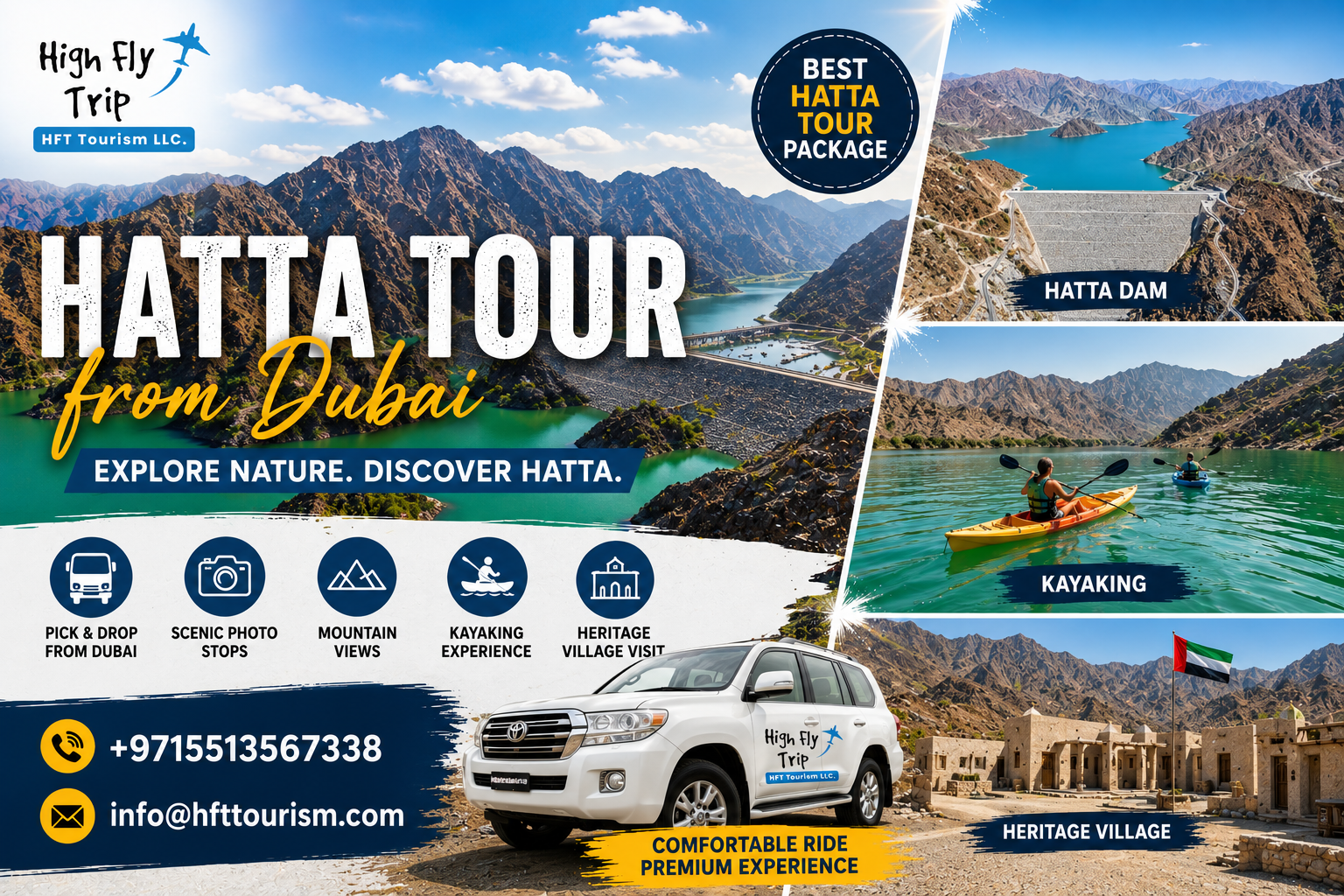 A luxury private 4x4 vehicle driving along the paved roads of the Hajar Mountains on a premium Hatta Tour from Dubai with pickup.