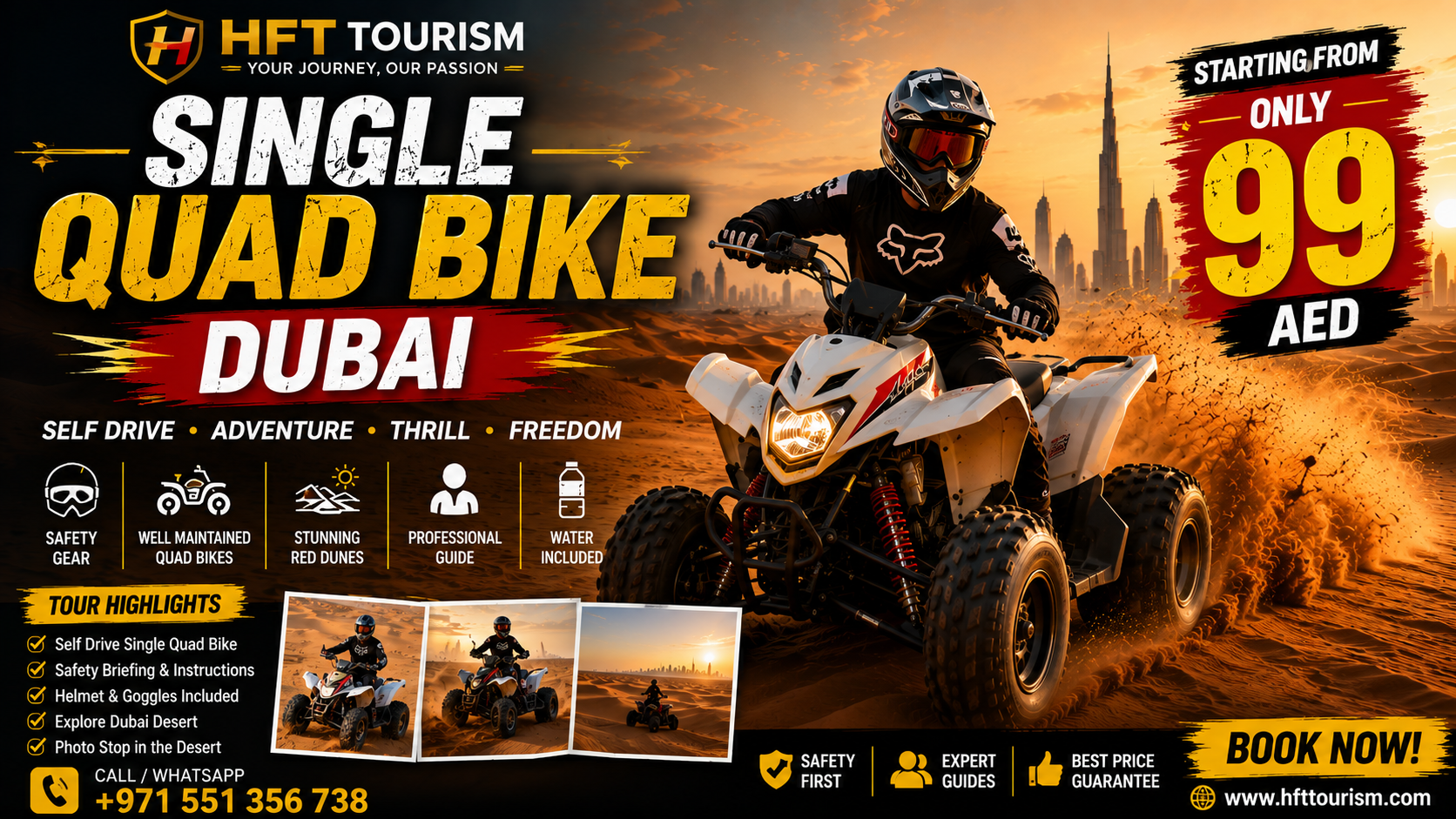 A solo traveler riding an automatic 250cc ATV across the red sand dunes on a Single Quad Bike Dubai tour.