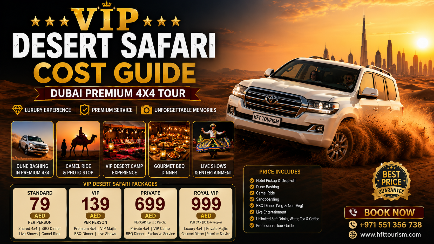 Luxury Land Cruiser from HFT Tourism LLC navigating the Lahbab red sand dunes to calculate your premium VIP Desert Safari Cost.