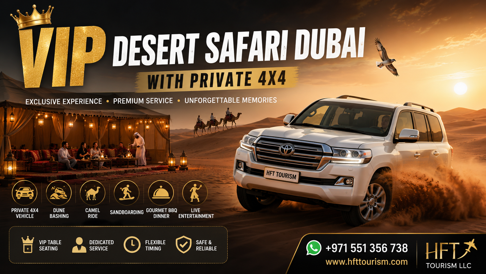 Premium Toyota Land Cruiser cruising over Lahbab red sand dunes on a VIP desert safari Dubai private 4x4 tour.