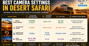 Configuring the best camera settings in desert safari tours to freeze high-speed dune bashing action shots with HFT Tourism LLC.