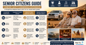 Senior travelers enjoying a luxury comfort safari dubai tour on flat desert routes with front-row captain seats and premium transport.