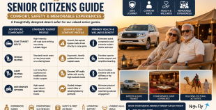 Senior travelers enjoying a luxury comfort safari dubai tour on flat desert routes with front-row captain seats and premium transport.