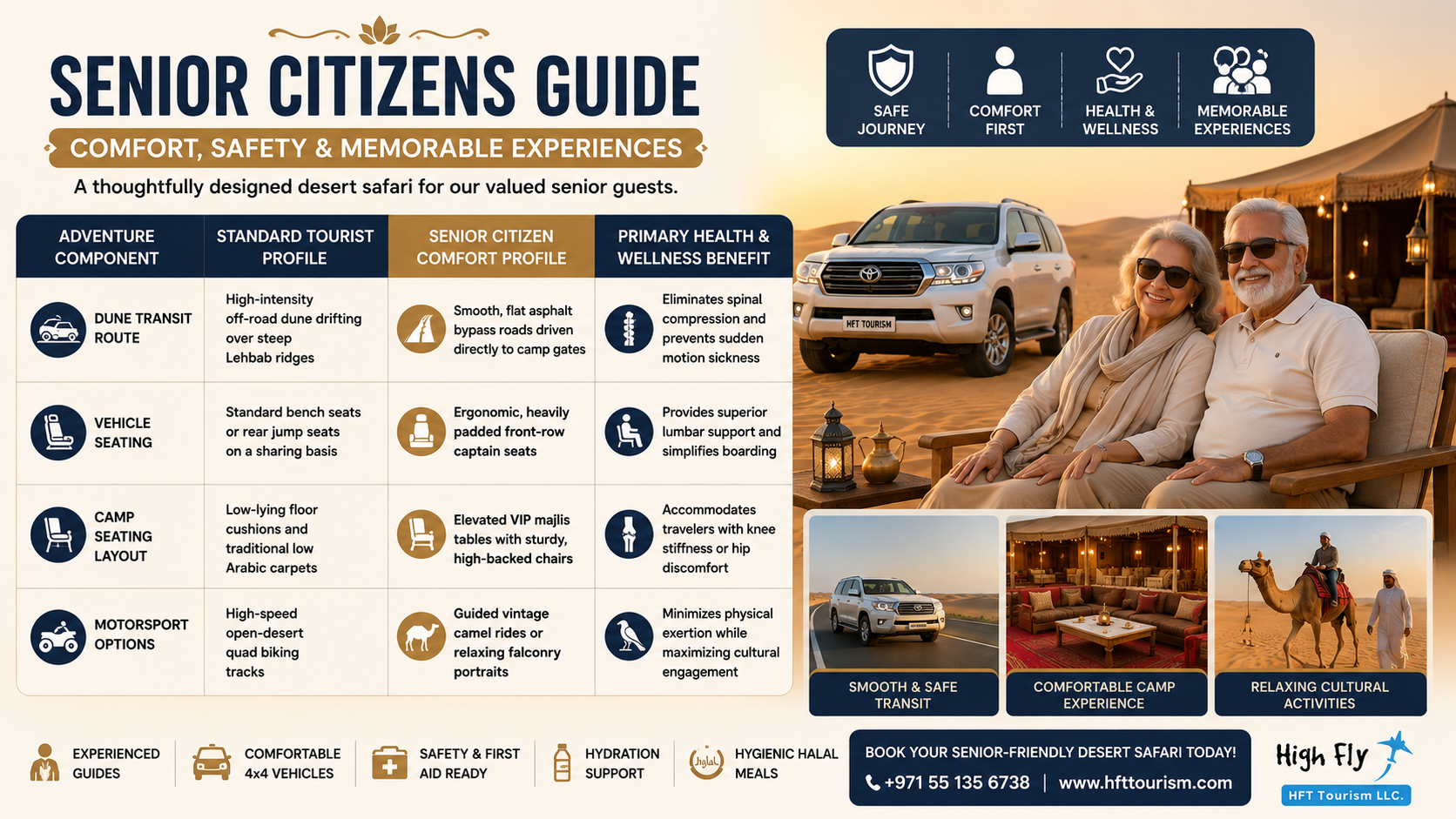 Senior travelers enjoying a luxury comfort safari dubai tour on flat desert routes with front-row captain seats and premium transport.