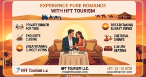 A romantic desert safari for couples enjoying a private candlelit BBQ dinner in the Dubai dunes with HFT Tourism LLC.