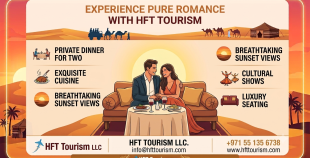 A romantic desert safari for couples enjoying a private candlelit BBQ dinner in the Dubai dunes with HFT Tourism LLC.