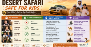 A properly installed child safety seat inside an HFT Tourism LLC vehicle proving how a desert safari is safe for kids.