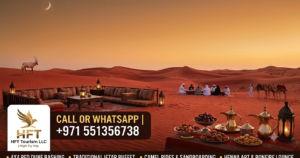 A scenic Ramadan desert safari in Dubai at sunset with a traditional Iftar camp, seated guests, camels, and dates display by HFT Tourism LLC (High Fly Trip)
