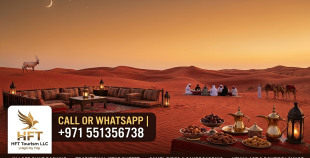 A scenic Ramadan desert safari in Dubai at sunset with a traditional Iftar camp, seated guests, camels, and dates display by HFT Tourism LLC (High Fly Trip)