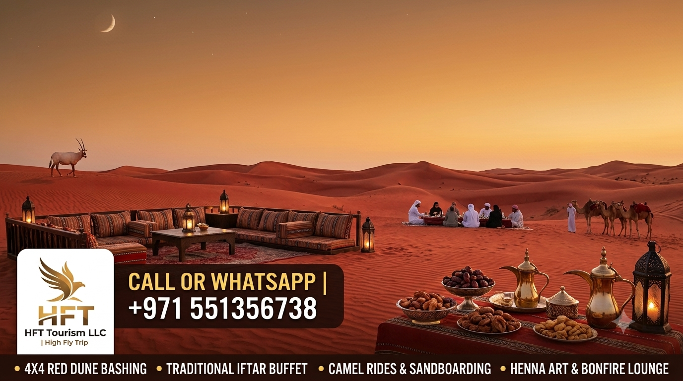 A scenic Ramadan desert safari in Dubai at sunset with a traditional Iftar camp, seated guests, camels, and dates display by HFT Tourism LLC (High Fly Trip)
