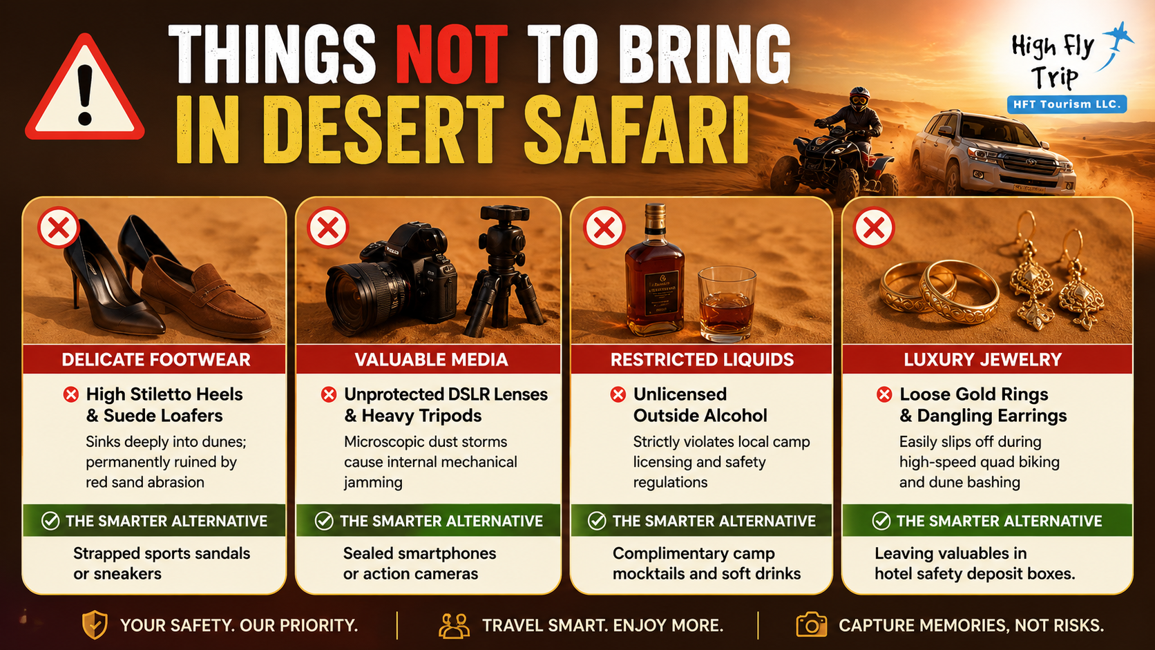 Impractical high heels and suede footwear listed under things not to bring in desert safari excursions by HFT Tourism LLC.