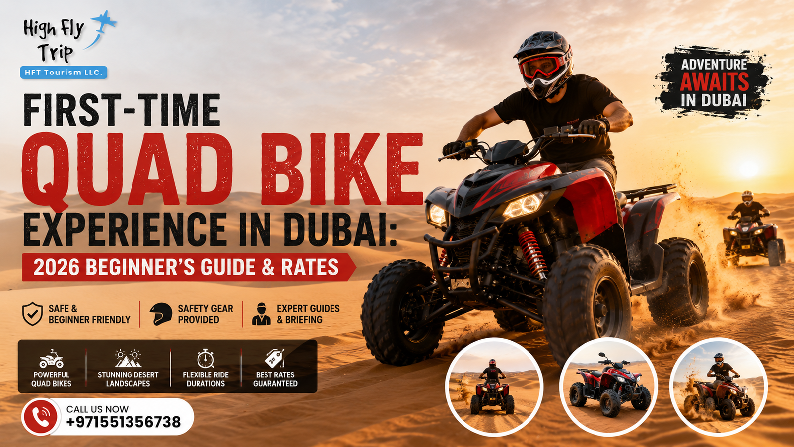 First-time quad bike experience rider wearing safety gear tackling red sand dunes in Dubai. Contact +971 551356738 to book.