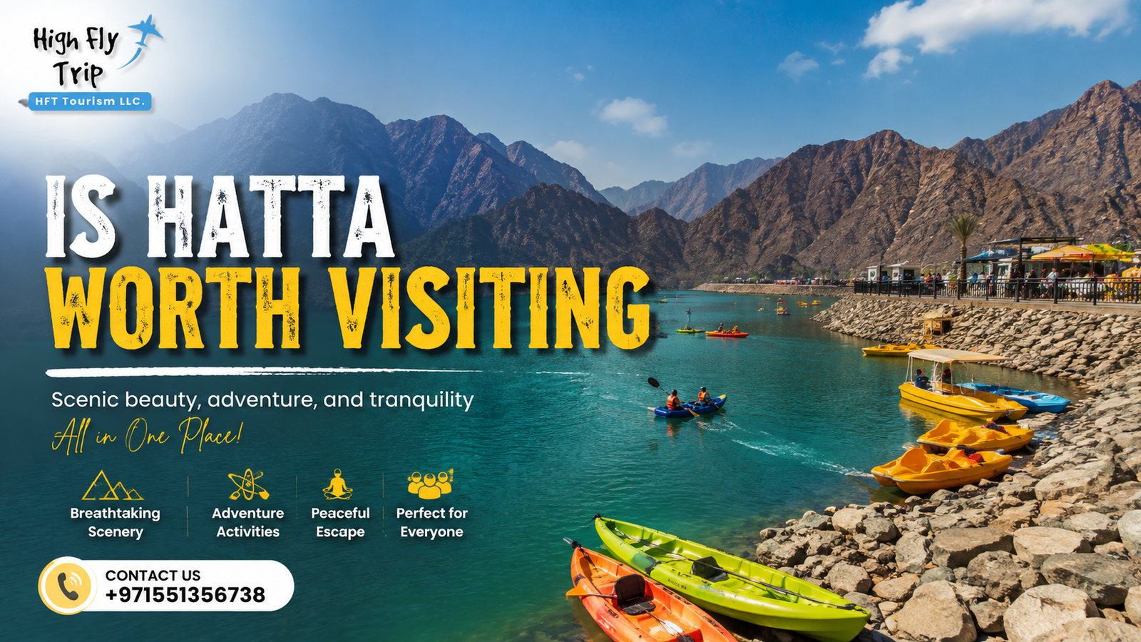 Panoramic view of turquoise water at Hatta Dam surrounded by the Hajar Mountains in Dubai. Contact +971 551356738 for tour bookings.